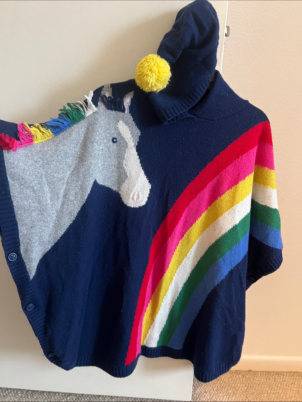 Mini Boden Navy Poncho Sweater with Rainbow & Horse